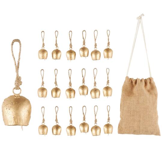 Gold Tibetan Inspired Metal Decorative Bells with Jute Rope & Canvas Tote Set